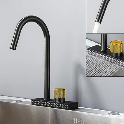Aquieen Table Mounted Waterfall Slim Kitchen Sink Mixer with Connecting Hoses (Gun Gray)