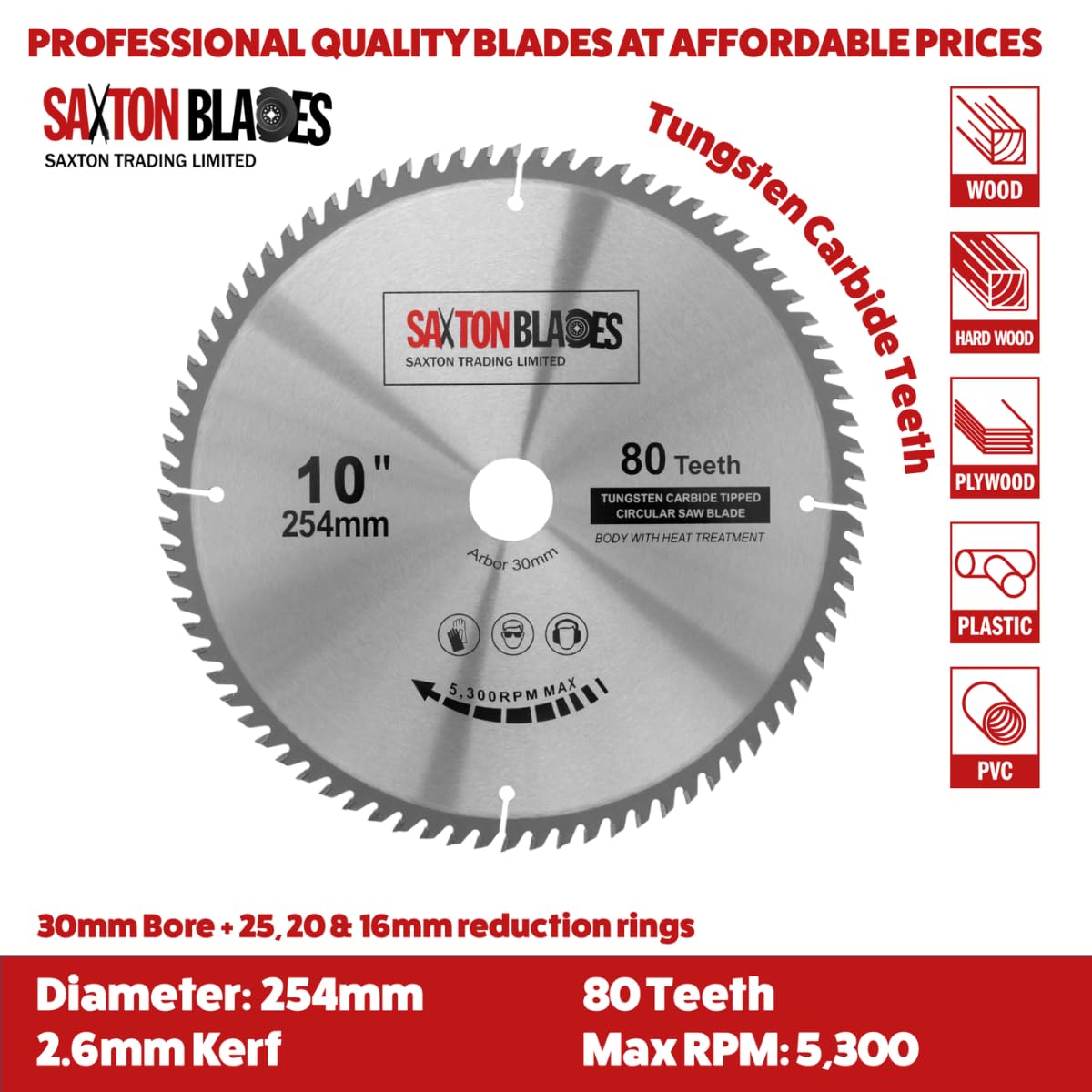 Saxton TCT254MXB - Set di 2 lame per sega circolare Saxton TCT per legno, 254 mm, confezione B, per Bosch, Makita, DeWalt