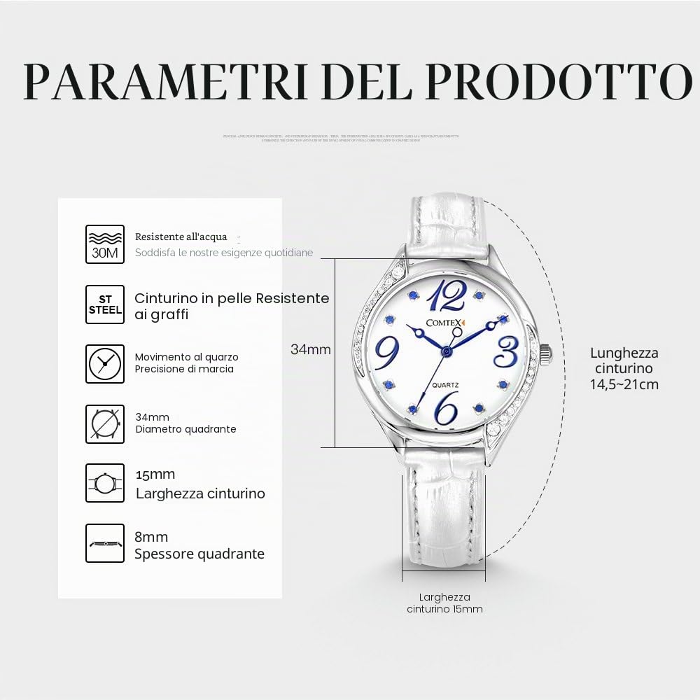 COMTEX Orologio da donna bianco con quadrante grande, in pelle, color oro rosa, cinturino in pelle bianca