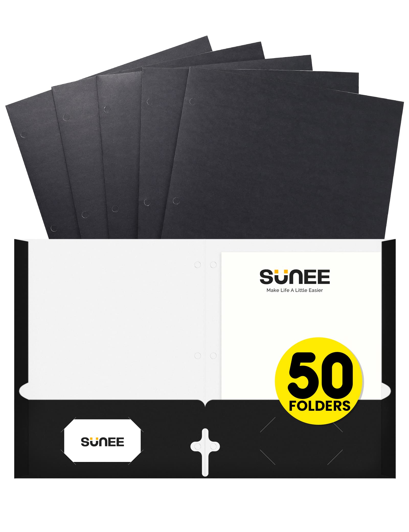 SUNEE Folders with Pockets 3 Hole Punched(50 Pack, Black), 2 Pocket Folders Fit Letter Size Paper, Paper File Folder for School Office Home Business