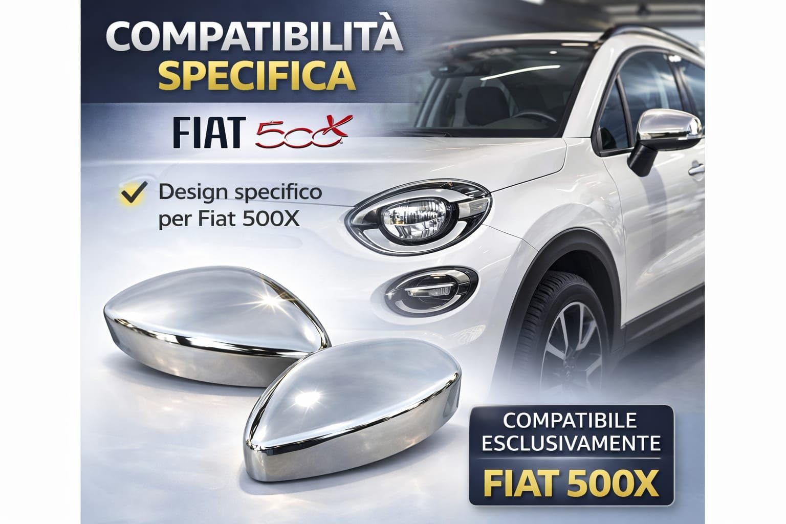 Coppia Calotte Specchio Cromate Retrovisore Compatibile con Fiat 500X 2014-2025 Nuove Coprispecchi Argento Lucido Eleganti