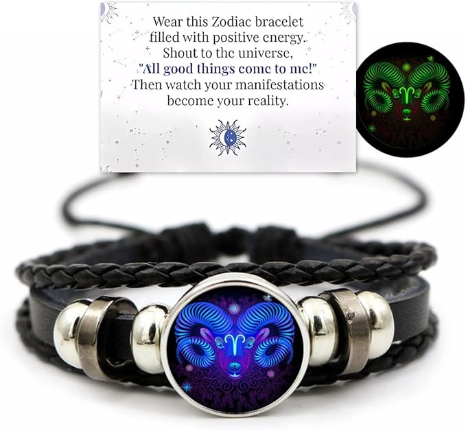 jaizu Zodiac Signs Spirit Bracelet, Handmade Woven Multilayer Adjustable 12 Constellation Zodiac PU Leather Bracelets Unisex, Glow in the Dark Zodiac Jewelry Gifts For Women Men (Aries)