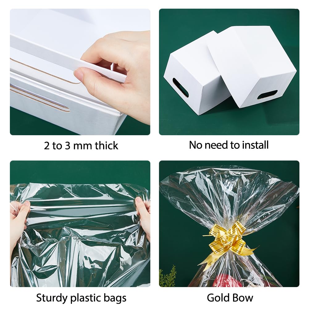 SUPERFINDINGS 6 cesti regalo in cartone bianco, kit vuoto con sacchetti di plastica e fiocco, scatole regalo in carta kraft, robuste, fai da te, cesti regalo per Pasqua, Natale, compleanno, matrimonio