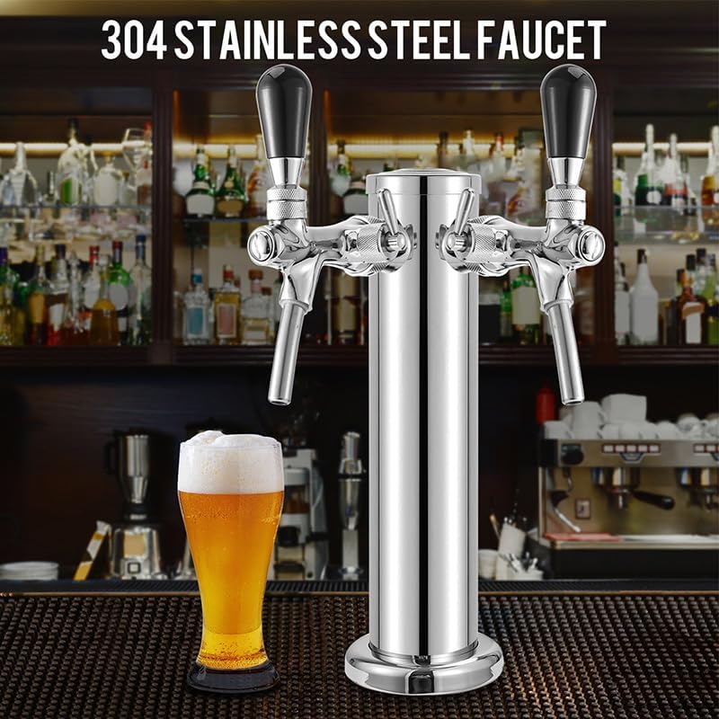 3" Dia. Stainless Steel Draft Beer Tower, Dual Faucet Kegerator Tower Beer Dispenser with Hose & Wrench, Brewing Bar Kit(Type 1)