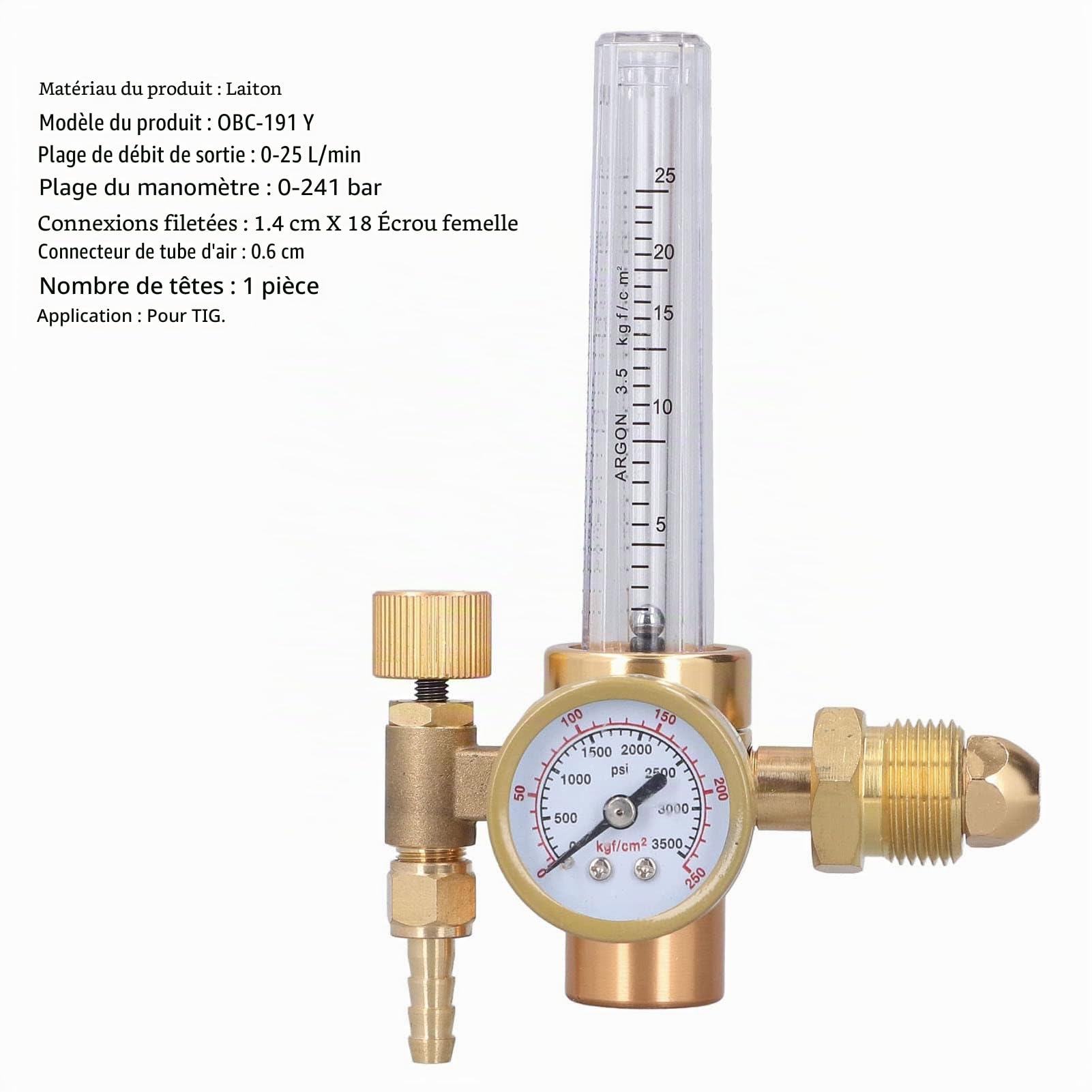 Artillery Régulateur Argon, Régulateur de débit Mig/Tig avec Echelles CO2 Argon Réducteur de Pression Jauge Débitmètre de Soudure Régulateur de CO2 en Cuivre pour Soudage MIG