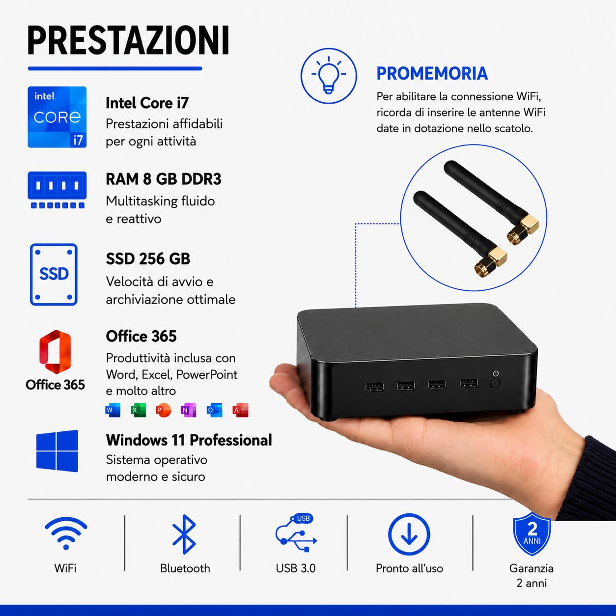Mini PC Desktop NUOVO Ultra Compatto • Intel Core i7 • 8GB RAM • SSD 256GB • Windows 11 Pro + Office • WiFi + Bluetooth • Ideale per Ufficio, Studio, Smart Working • Garanzia 2 Anni