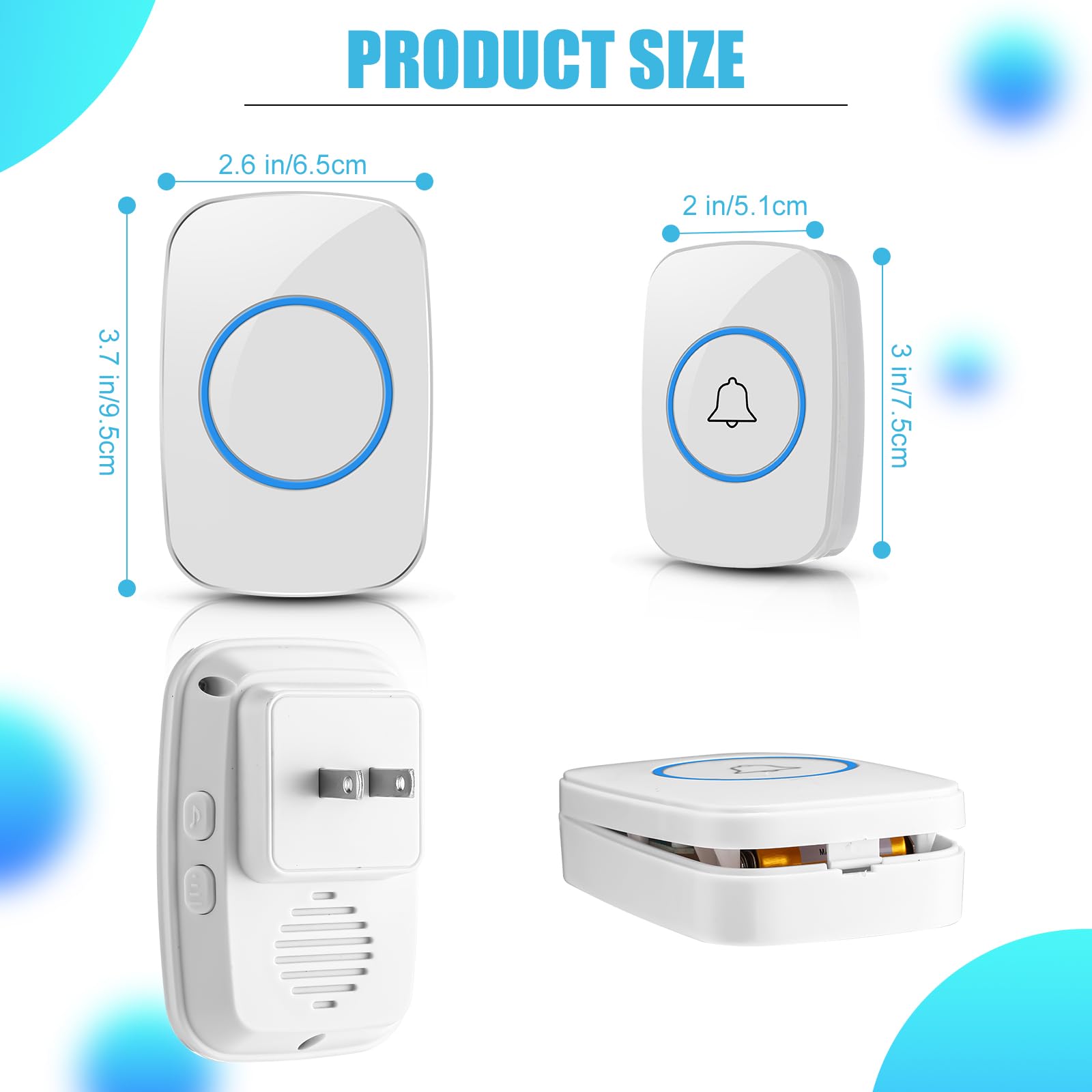 Kit campanello wireless impermeabile, 8 pezzi, 4 pezzi, con 4 ricevitori, portata 300 m, 5 livelli di volume con 60 campanelli e flash LED (bianco)