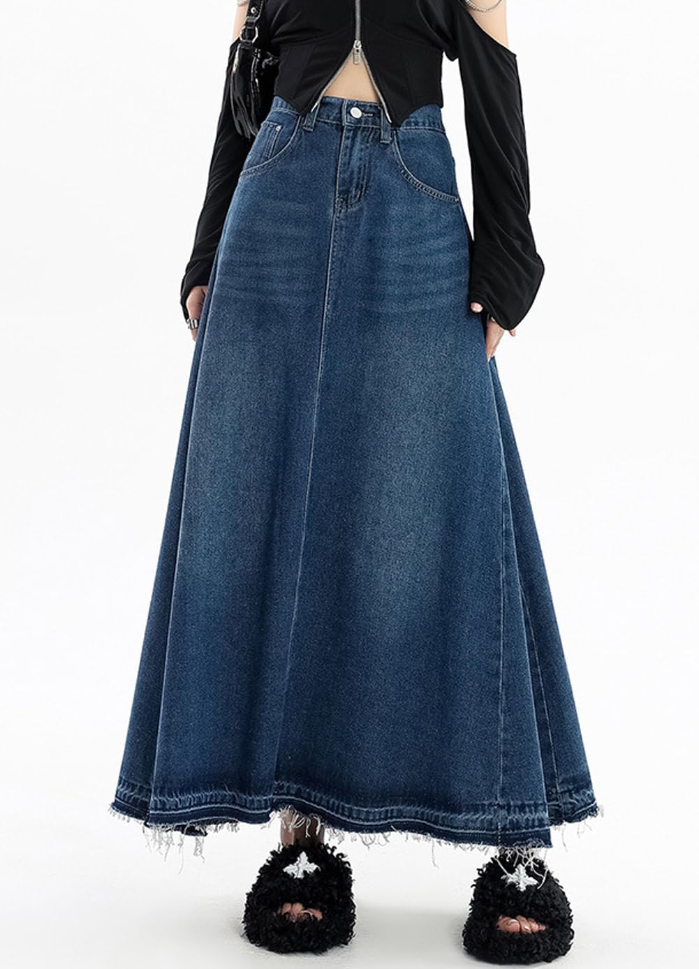 CHARTOU Women's Back Elastic High Waist A-Line Maxi Long Denim Jean Skirt - Image 2