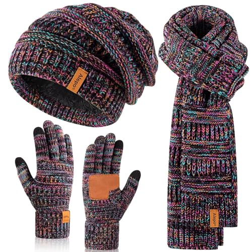 Winter Beanie Hat Scarf Gloves Set for Women, Slouchy Beanie with Fleece Lined Long Knit Scarf Touchscreen Gloves, Fashionable Warm 3 in 1 Set for Cold Weather-01