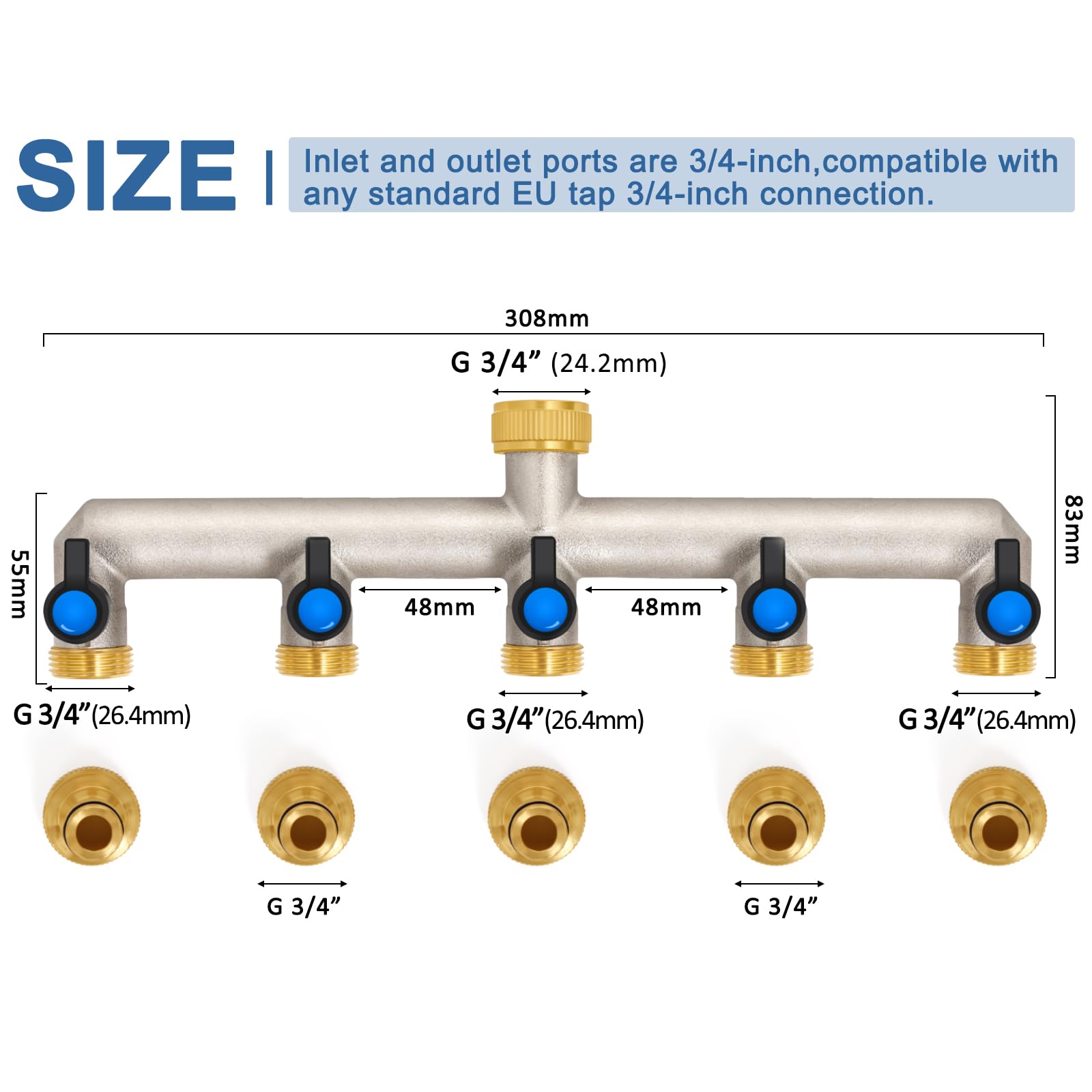 Distribuidor de agua de latón de 5 vías para 5 dispositivos/mangueras de jardín, distribuidor de 5 unidades, adaptador de 3/4 pulgadas, con válvula de bola para ajustar y cerrar el flujo de agua