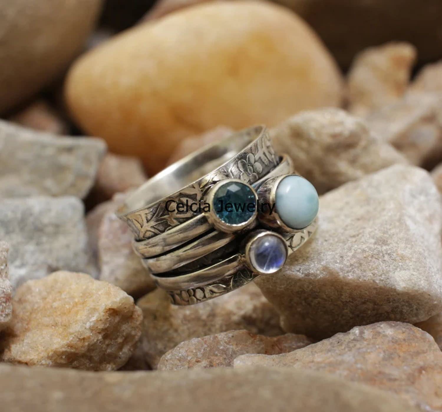 Larimar, blauer Topas und Mondstein mit mehreren Edelsteinen, einzigartiger Spinner-Ring, Spinning-Ring für Frauen, Angst-Spin-Ring, Fidget-Ring, Meditationsring, Geburtsstein-Ring