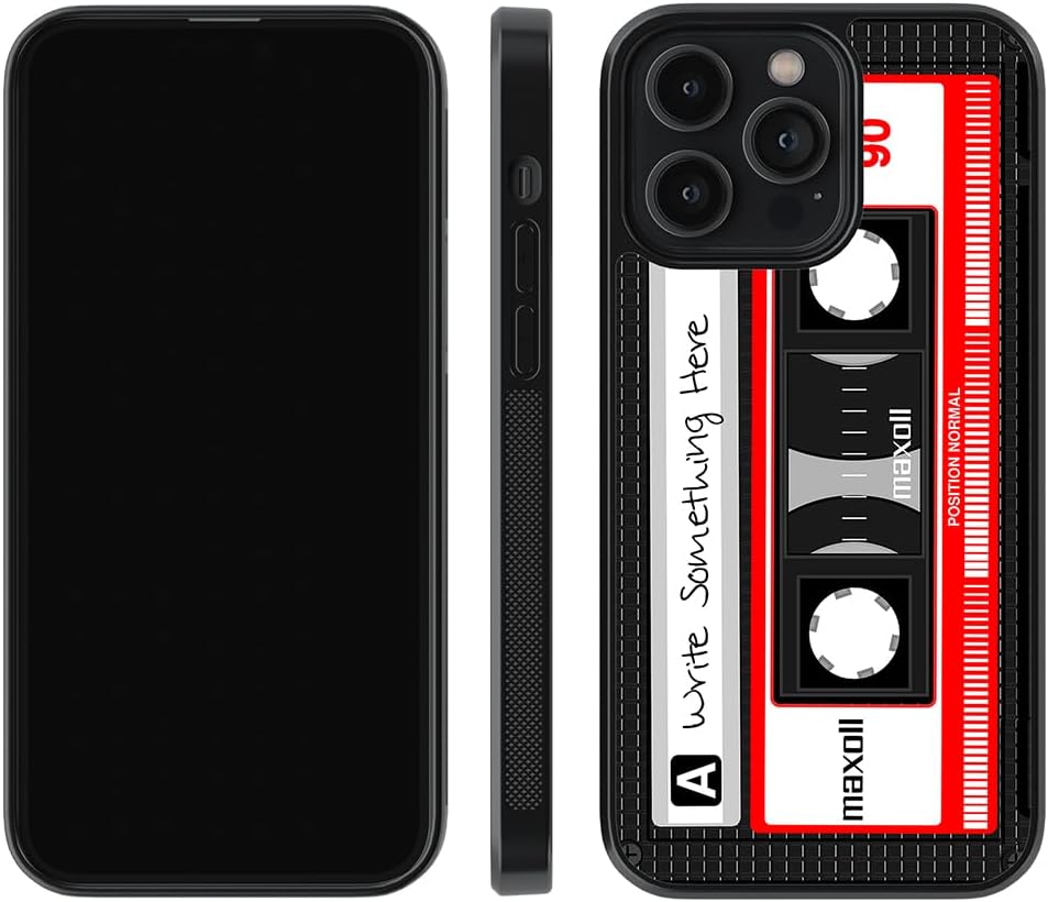 Cassette Tape Black and Red Personalized Black Rubber Phone Case Compatible with Apple iPhone 17 Pro Max Air, 16 Pro Max Plus, 15 Pro Max Plus, 14 Pro Max Plus, 13 Pro Max Mini, 12, 11, X, 7