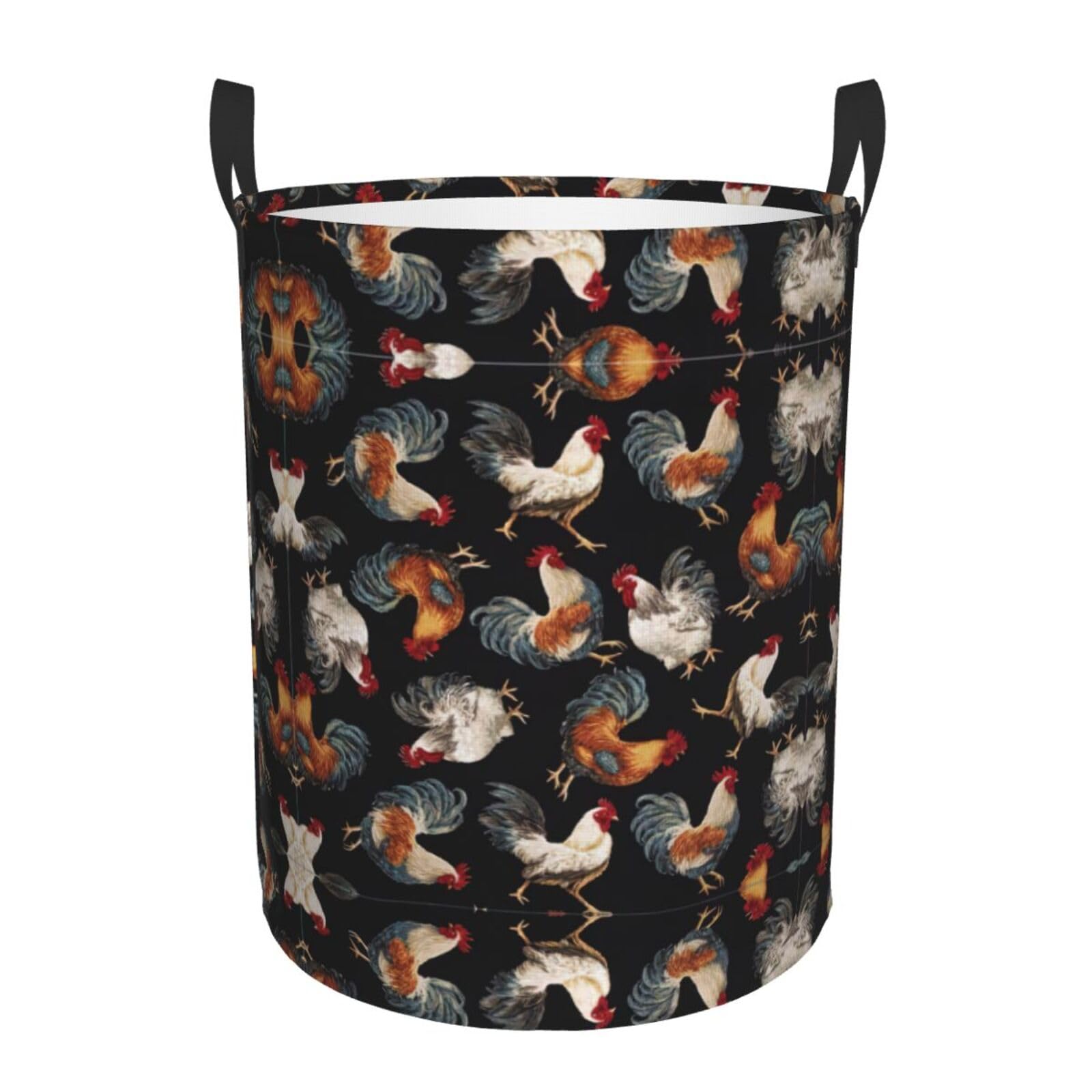M Collapsible Round French Roosters Print Laundry Hamper
