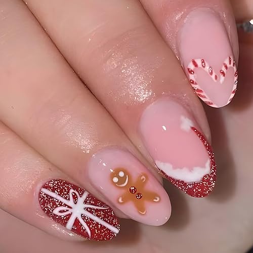 Christmas Press on Nails Medium Almond OFDNE French Tip Fake
