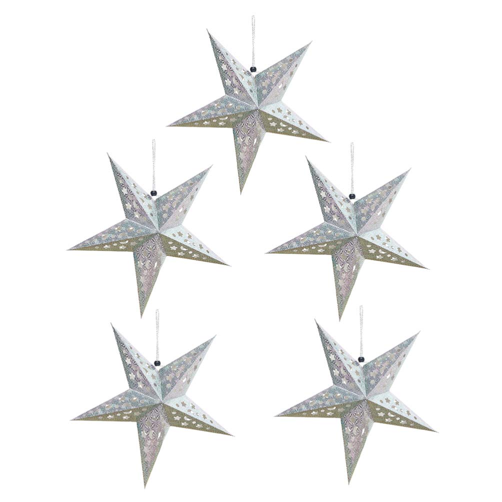Lurrose 5 Pack 11” Paper Star Lantern Lampshade, Hollow Out Design Paper Star Lantern Decoration Hanging Christmas Xmas Day Decoration for LED Light for Weddings,Home Decor, Party Celebration(Silver)