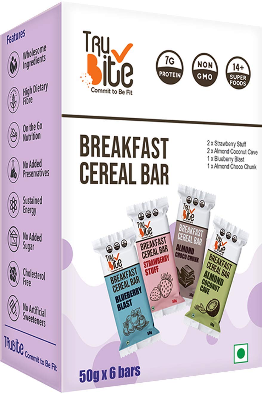 Trubite Breakfast Energy Bar (Assorted Pack) (300g , Pack of 6) | Wholesome Ingredients | No Artificial Sweeteners | No Preservatives | Non GMO | Cholesterol Free