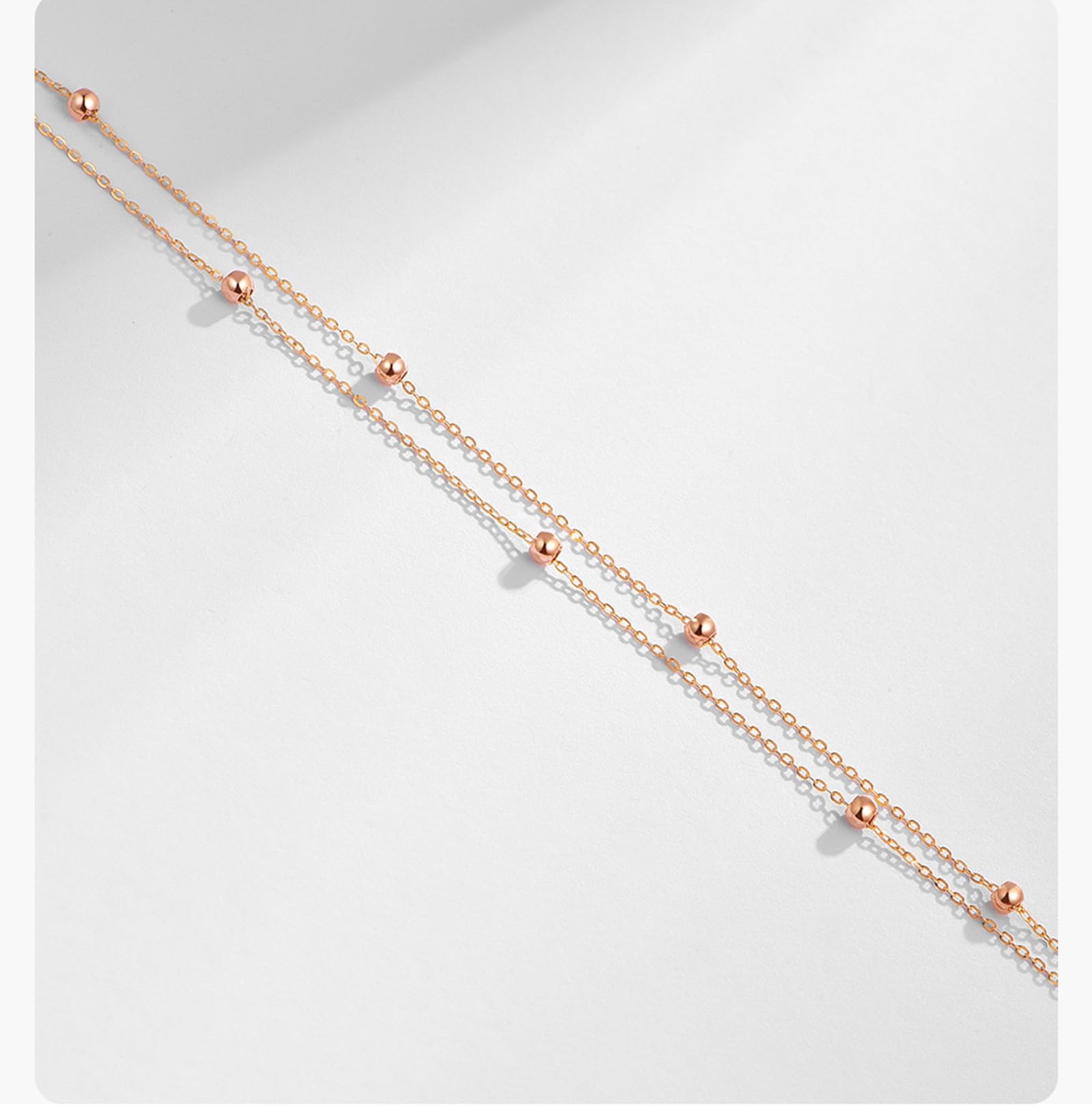 Bracciale Oro Rosa 18k/14k/9k, Bracciale Catena Doppia con Perline 16-18 cm Estensione 4 cm, Braccialetti Donna Matrimonio