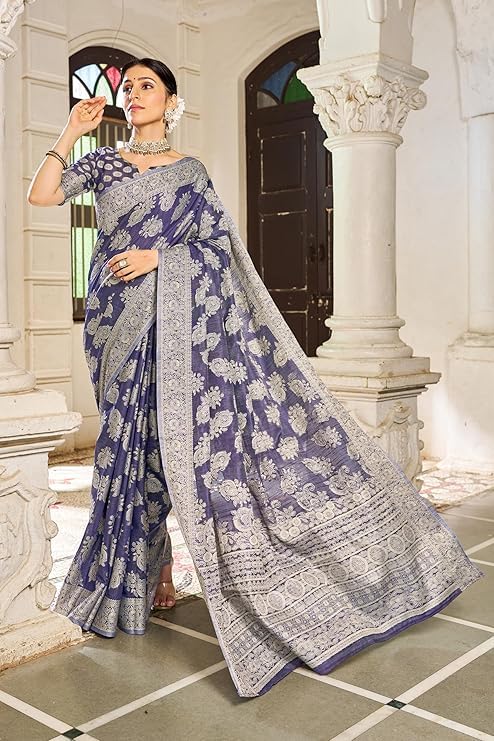 Image of MADHUHANSH Women's Cotton Linen Saree with Unstitched Blouse Piece and Floral Printed Pattern | Women Saree for Special Occasion | Stylish Modern Sarees