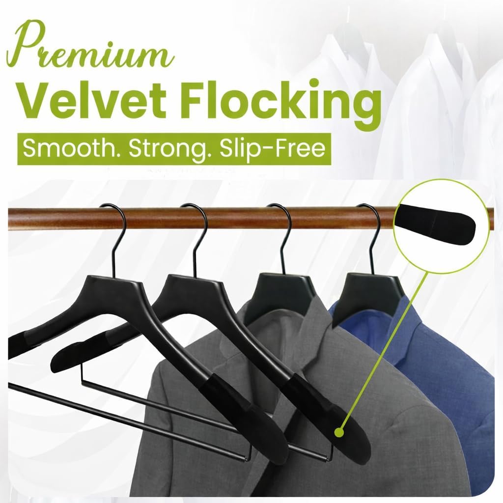 Wooden Suit Hangers for Men, Wide Shoulder Design for Men’s Suits, Coats & Jackets, Heavy Duty Garment Organizer with Pant Bar, Black with Black Velvet, 6 pcs