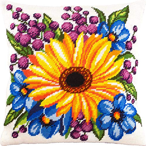 Image of Brvsk Floral Needlepoint Kit for Adults and Beginners - Sunflower Among Flowers 16″ x 16″ with Clear, Precise Printed Design on Cotton Canvas; Includes 2 Needles, Yarn, and Easy-Read Chart