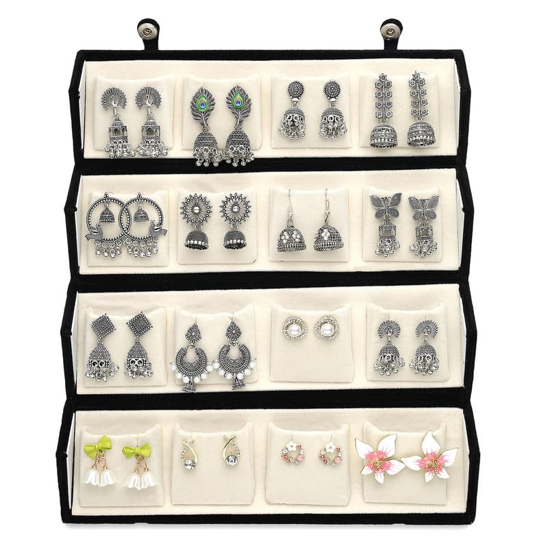 Image of Oxidized Designer Stud Earrings Set of 16 with Folding Jewelry Box | Traditional & Modern Earring Set for Women & Girls