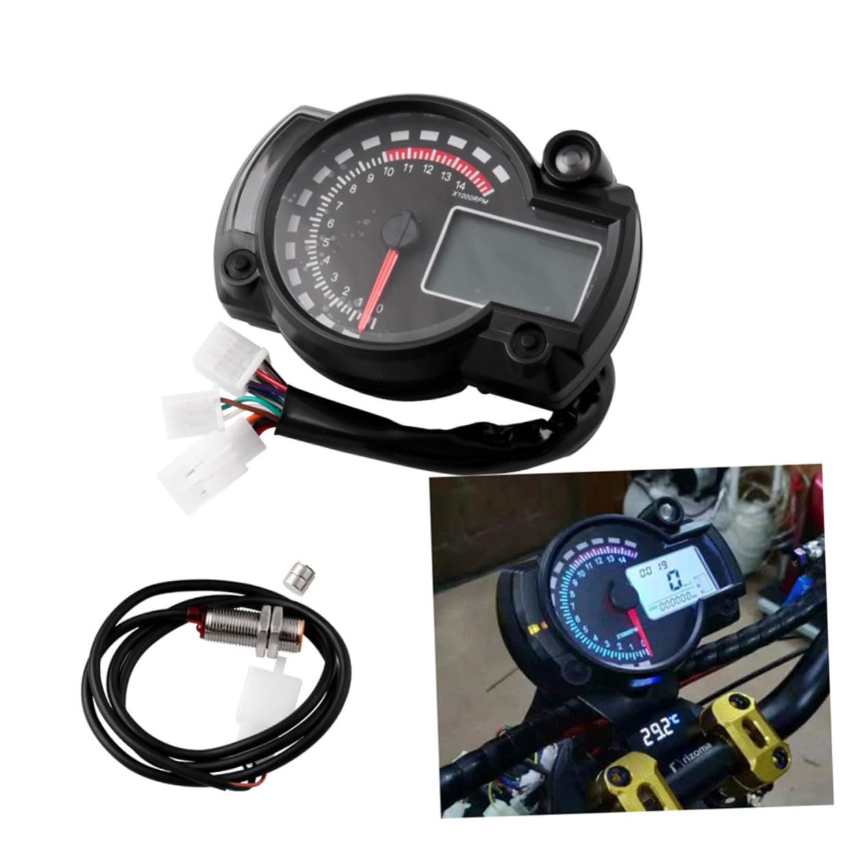 Happyyami Motorcycle Digital Speedometer Tachometer Color Backlight Display Odometer Gear Indicator Battery Status and Engine Alarm for Motorbike