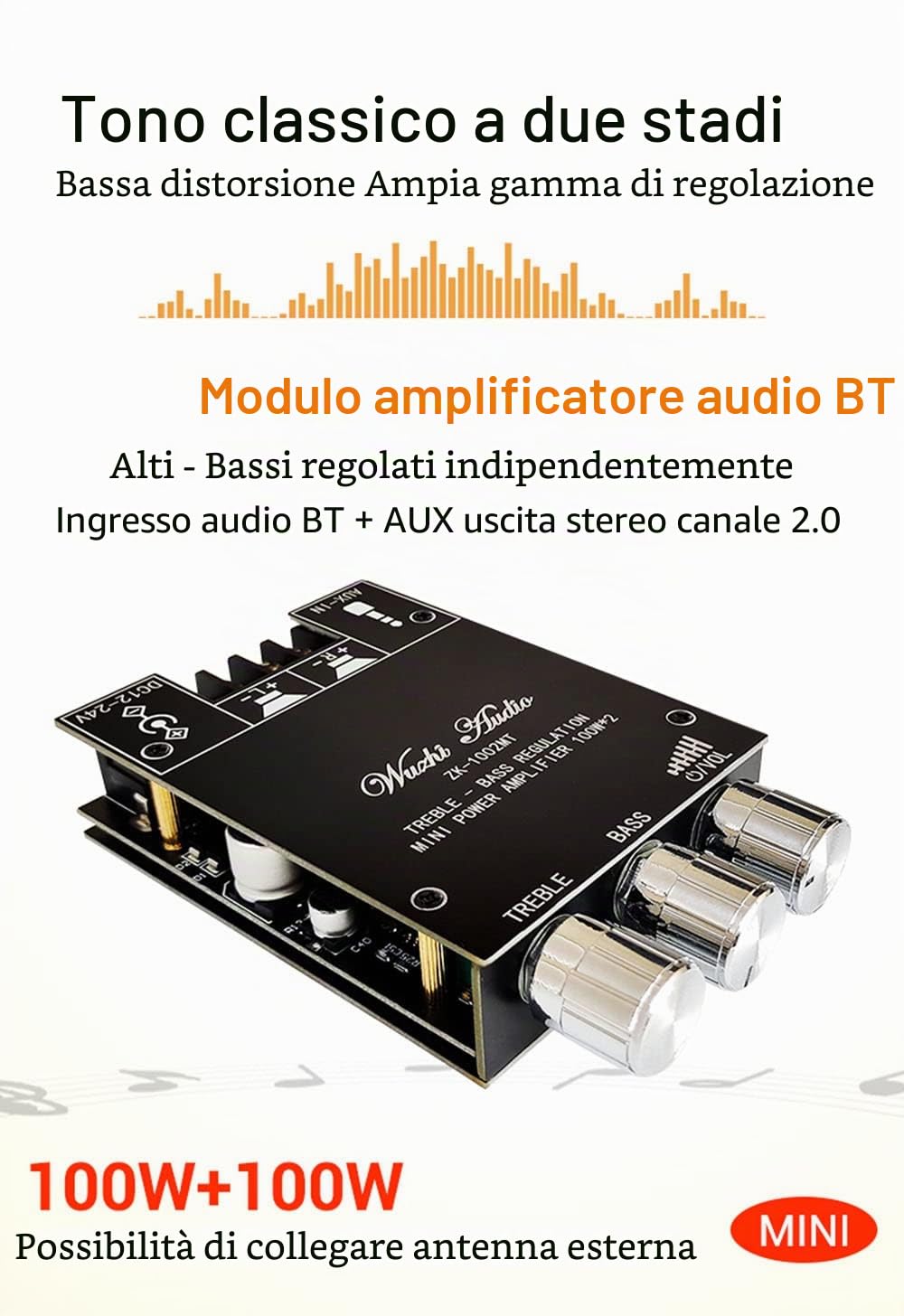 WANGCL ZK-1002MT 2 * 100W Bluetooth 5.0 Subwoofer Amplificatore Scheda Audio Stereo Ad Alta Potenza Amplificatore AUX Bass Alti AMP