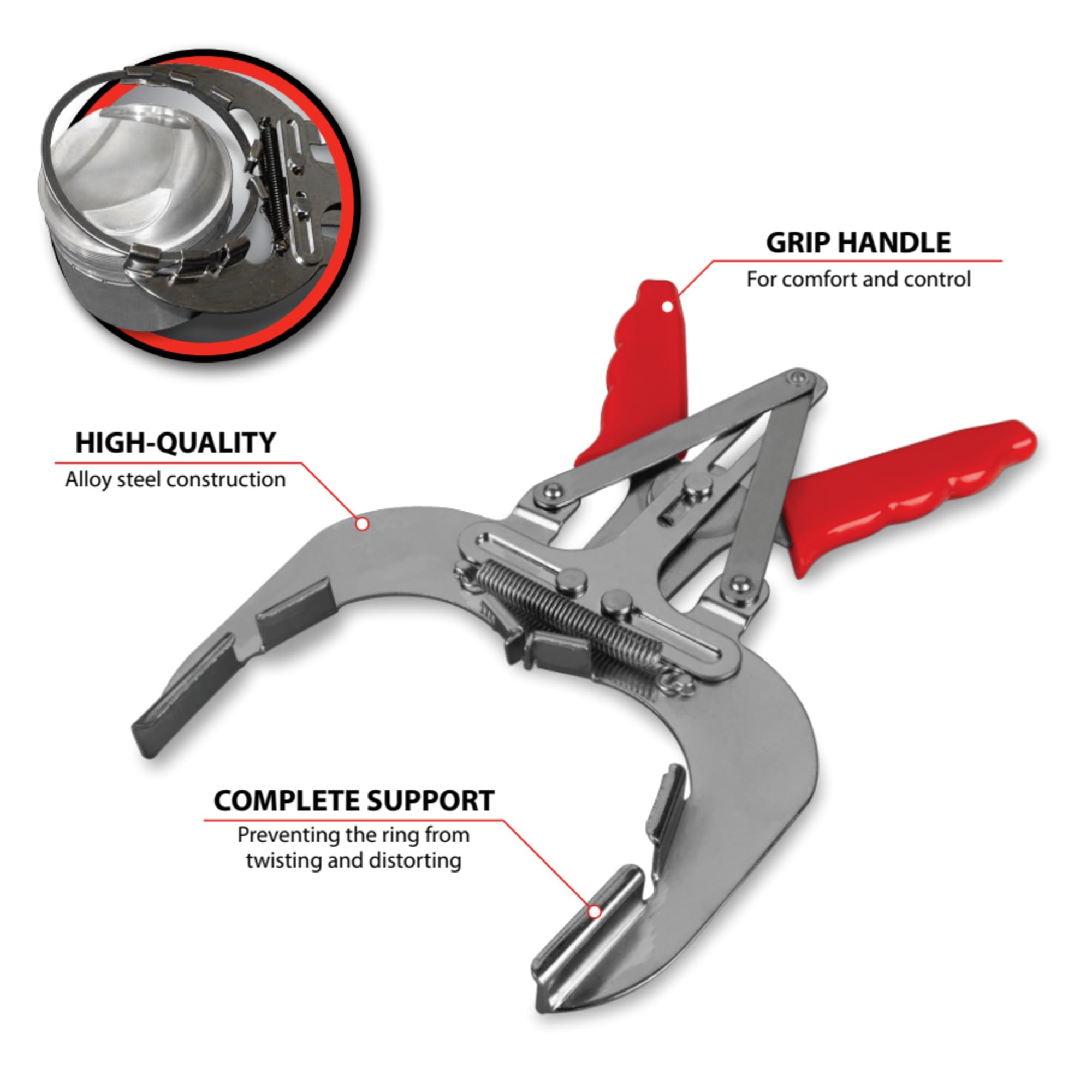Performance Tool W80599 - Alicates de anillo de pistón de 6 pulgadas, acero de aleación, agarre acolchado de plástico, herramienta de revisión del motor, rojo