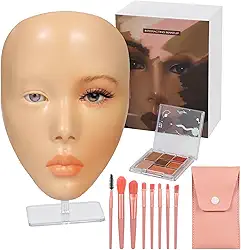 Conjunto de maquiagem para iniciantes com rosto de silicone, suporte, 8 pincéis e paleta de sombras de 7 cores