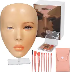 Conjunto de maquiagem para iniciantes com rosto de silicone, suporte, 8 pincéis e paleta de sombras de 7 cores