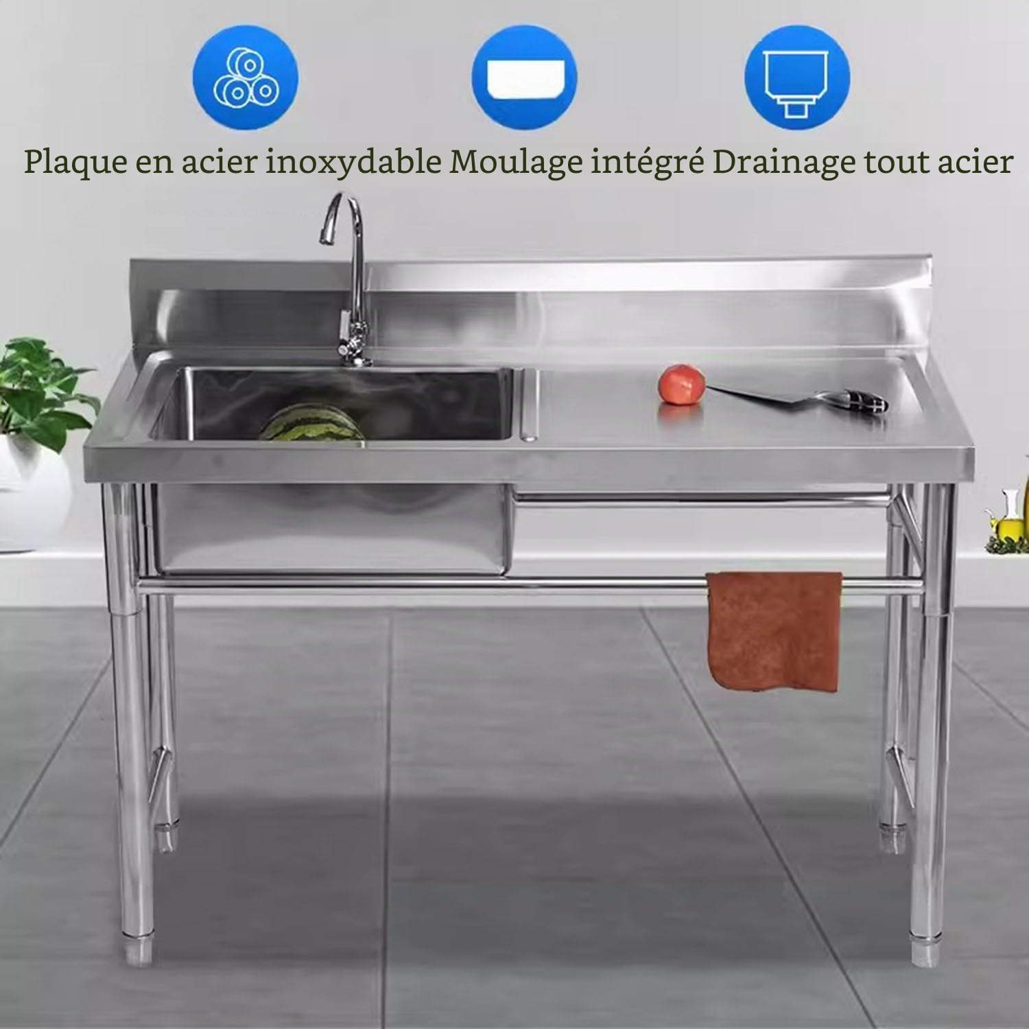 Grand Évier Cuisine 1 Bac avec Plate-Forme D'exploitation, Évier Autoportant avec Porte-Serviettes et Robinet, Évier Utilitaire INOX, pour Cuisine, Garage