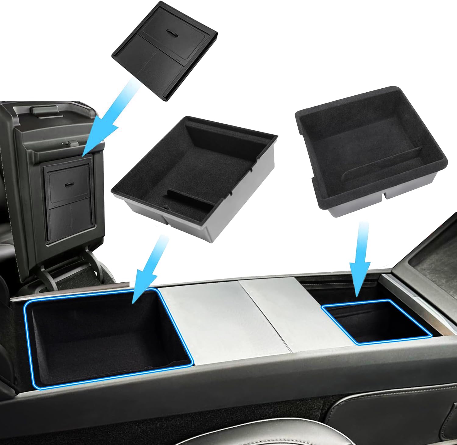 3PCS Center Console Organizer Tray for 2024 Refreshed Model 3 Highland Accessories Flocked Armrest Drawer Holder with Hidden Storage Box