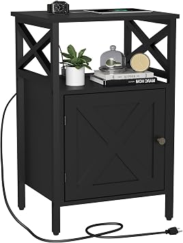 End Table with Charging Station, Side Table with Power Outlet & USB Ports, Nightstand with 2 Tiers Storage Space and Storage Cabinet, Sofa Side Tables for Bedroom, Living Room,Office, Black
