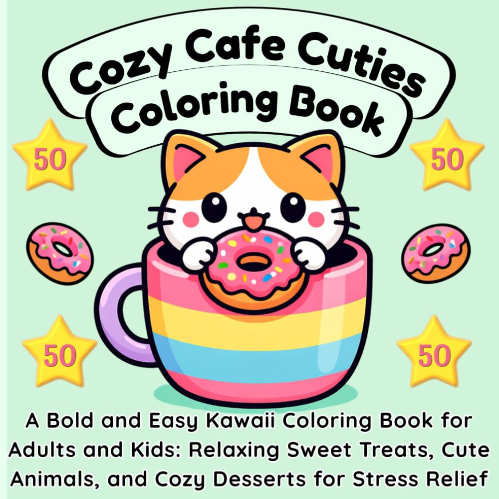 Cozy Cafe Cuties Coloring Book: A Bold and Easy Kawaii Coloring Book for Adults and Kids: Relaxing Sweet Treats, Cute Animals, and Cozy Desserts for Stress Relief