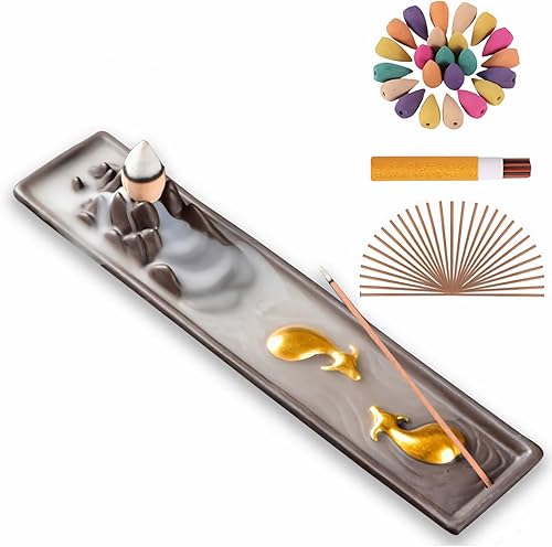 LEVABE Soporte de incienso para palos, fuente de cono de incienso en cascada con 40 varillas y 30 conos, quemador de incienso de cerámica, adorno