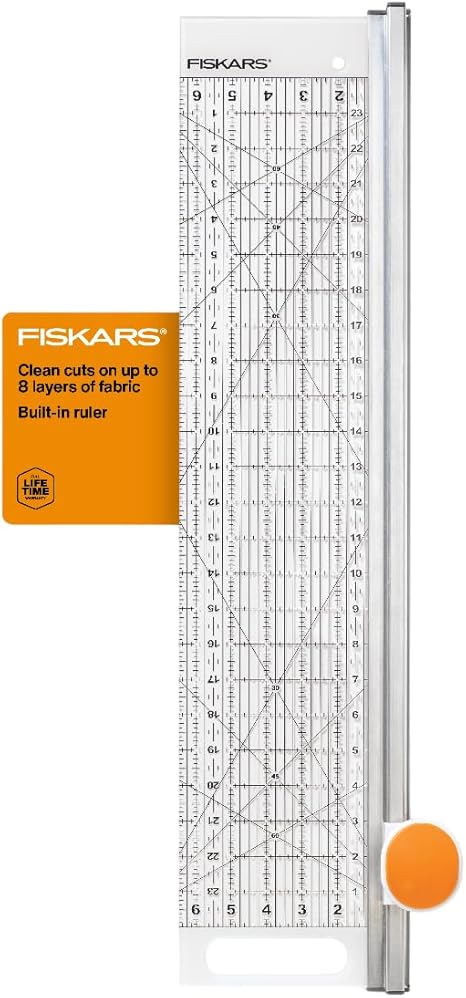 Fiskars Rotary Cutter and Ruler, Quilting Ruler, Rotary Cutter for Fabric, Built-In Measuring Grid & Spring-Action Blade, 24” x 6”, Gray/Clear