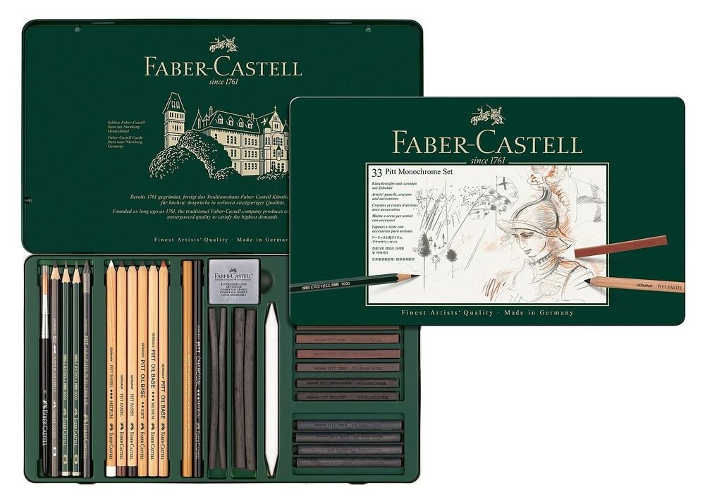 Faber-Castell 112977 - Pitt Monochrome Set im Metalletui, groß 33-teilig, mit 2 Blöcken