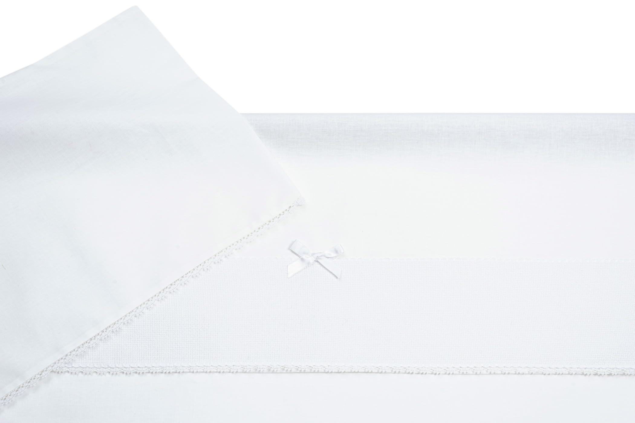 Filet - 3-Piece Fitted Sheet Set for Pram in Plain White, 1 Fitted Sheet, 1 Top Sheet with Embroidered Aida Band and 1 Pillowcase, Made in Italy, White