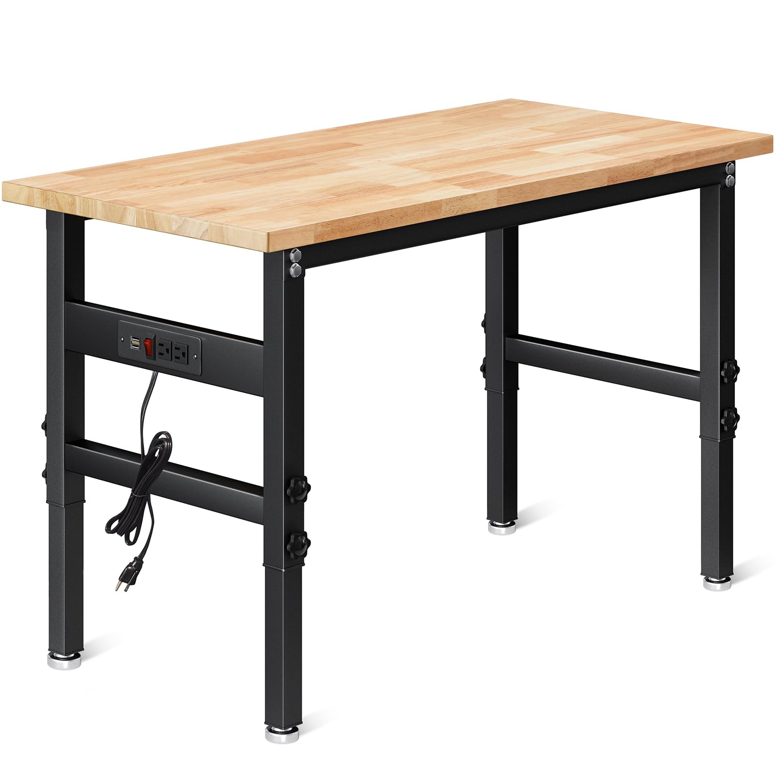 Advzon 48" Work Bench for Garage, Height Adjustable Heavy Duty Rubber Wood Shop Table with Power Outlets