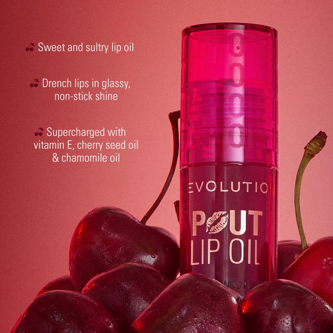 Revolution, Pout Lip Oil, Nourishing Tinted Lip Oil, High Shine, Non-Sticky Finish, Vegan & Cruelty-Free, Bitten Cherry, 0.13 oz