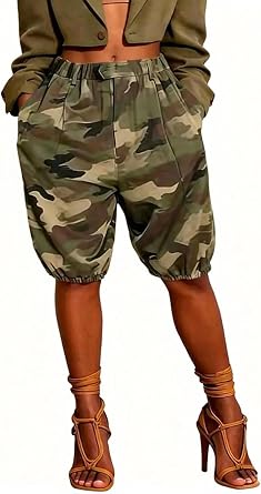 Camo Shorts Cargo Baggy Camouflage Elastic Wasited Bermuda Short Streetwear