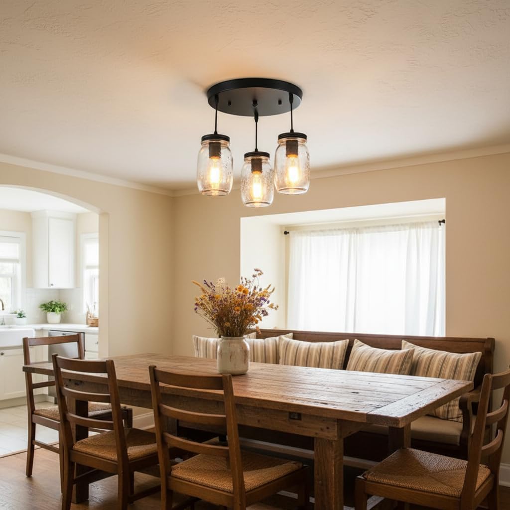 Kitchen Island Light, Adjustable Pendant Lighting,Glass Mason Jar Hanging Lamp (3-Light)