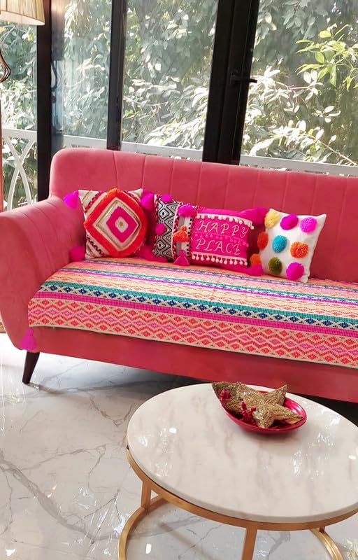 Image of Rainbow L Shape Colourful Sofa Cover: Corner Tassels: L-Shaped 6 Seater Corner Sofa Cover - Fits 3+2+Corner Sofa - Seat & Back -7-Pc Set: 3 Seat Covers, 2 Back Covers & 2 Armrest Covers (3+2+Corner)