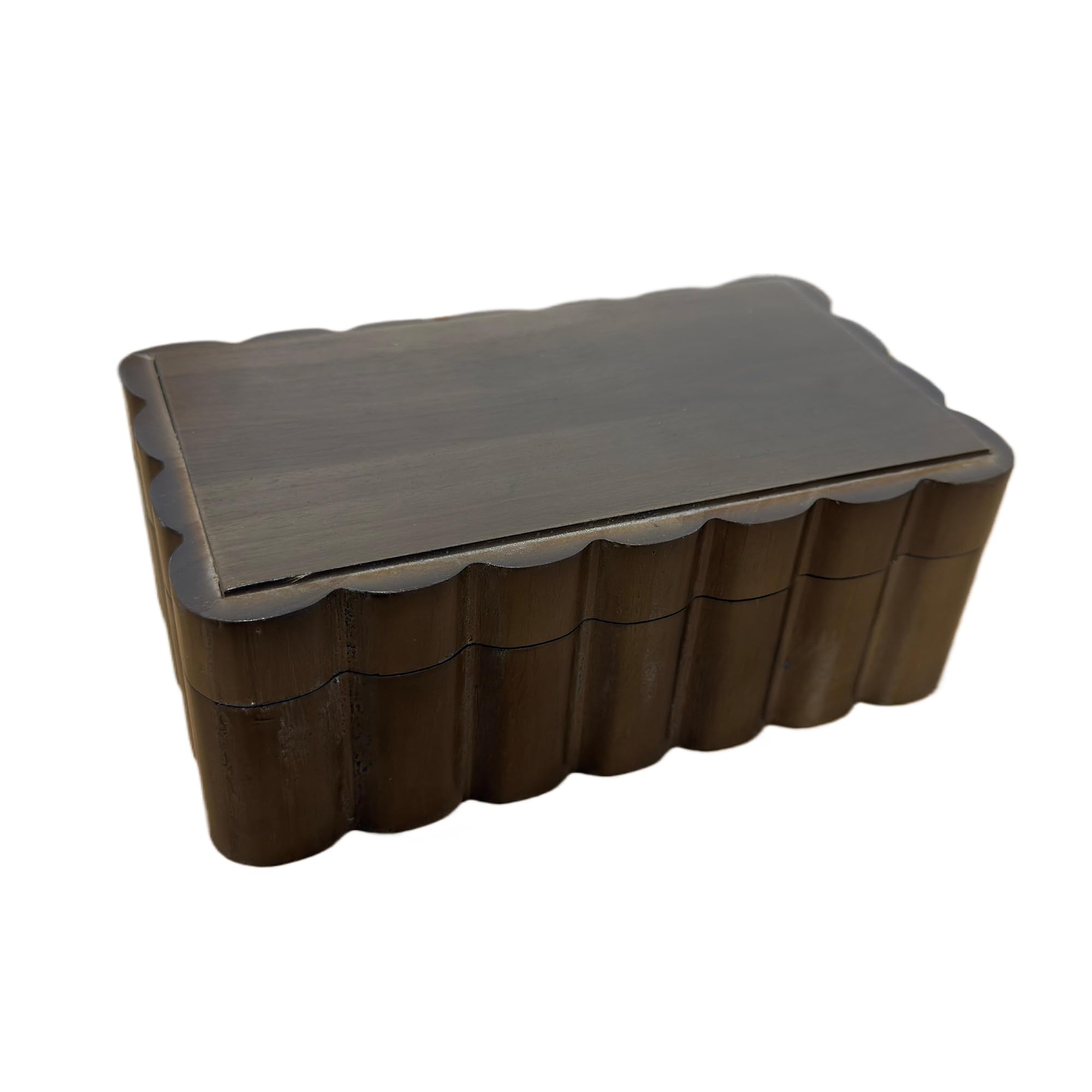 Photo 1 of **HAS CRACKS AND CHIPS***Musanpou Carved Edge Rubberwood Keepsake Box - Groove Edge Jewelry Box for Trinkets & Photos | Fan shaped wooden jewelry box | 8.7” x 5.1”x 3.2“ | Ideal Gift | gift box (Walnut brown)