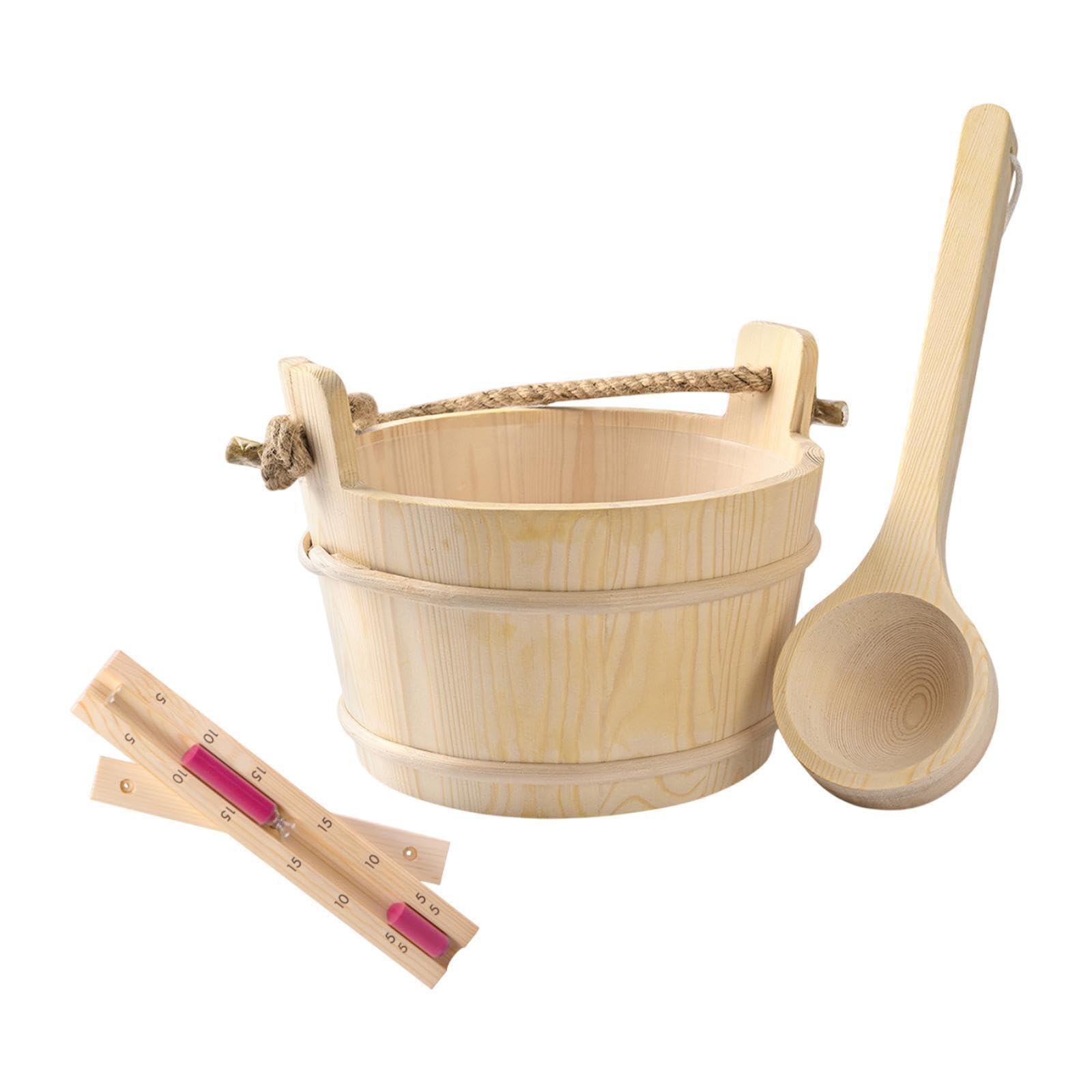 Qlecxzi Delicate Wooden Sauna Bucket And Ladle Set 4L Capacity Offering Timed Hourglass Innovative Sauna Accessories With Wooden Spoon And Hourglass 4L Bucket