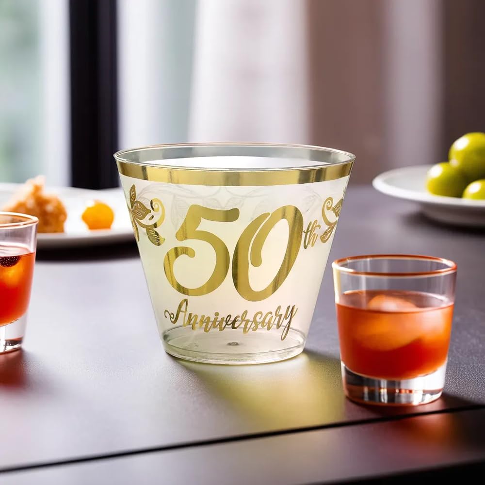 amscan 352503 Happy 50th Anniversary Trinkgläser, 266 ml, goldfarben, 30 Stück, mehrfarbig