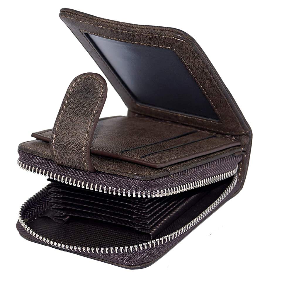 Men's Genuine Leather RFID Blocking Wallet – Zip Around Bifold Design with 11 Card Slots, ID Window & 2 Bill Compartments – Brown (Dark Brown)-image-31