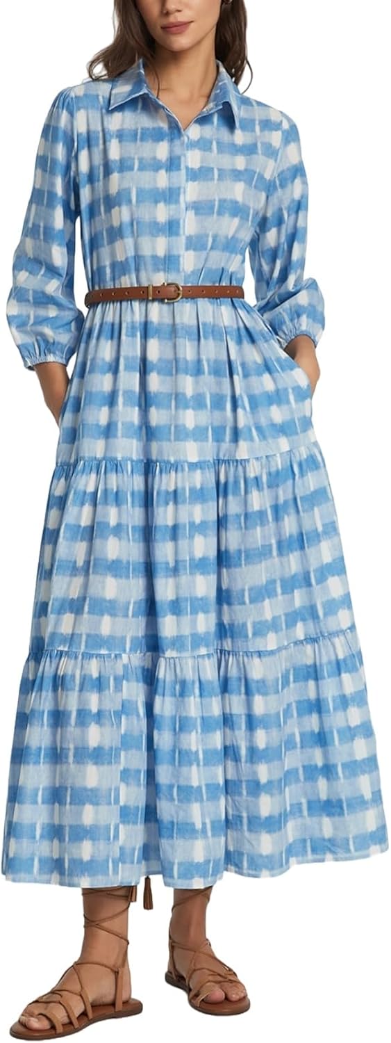 D-Sun Women Long Sleeve Maxi Dress V Neck Button Down Flowy Tiered Ruffle Shirt Dress Casual Fall Long Dresses