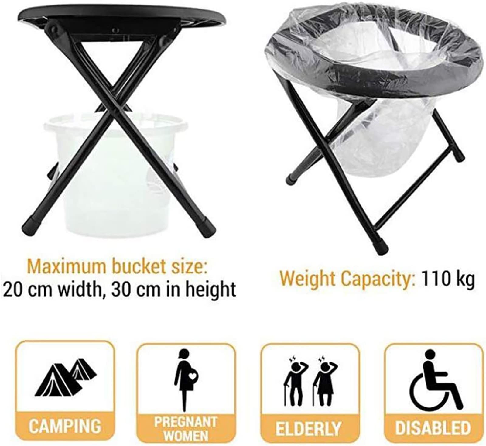 Toilette Portable Pliable Avec Siège Rembourré Et 15 Sacs – Pour Voiture, Camping, Urgence – Capacité 70 Kg