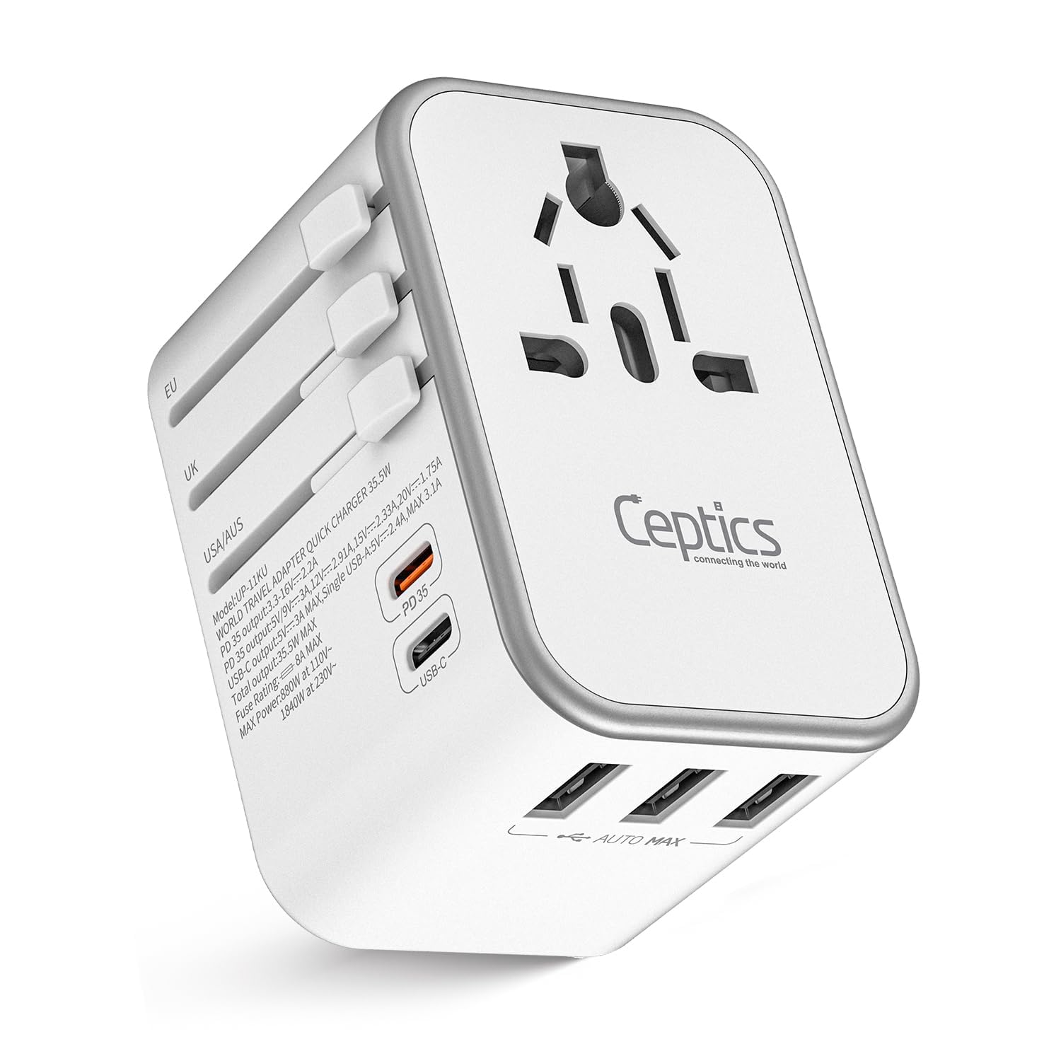 Ceptics 6 in 1 Universal Travel Adapter with Type C - Worldwide Travel Adapter, Universal Plug Socket, 3xUSB-A, 1xPD/QC 3.0 & 1x USB-C, W/3.1A Fast Charging-International Travel Adapters - (3 Pack)-image-39